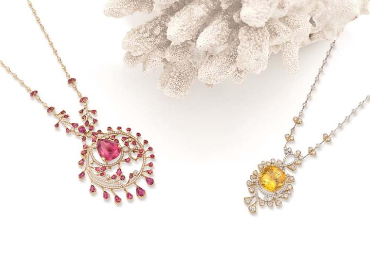 Boodles Ocean of Dreams necklaces with either yellow sapphires and diamonds or pink tourmalines encircled by rubellites and diamonds, from the new 'Ocean of Dreams' collection.
