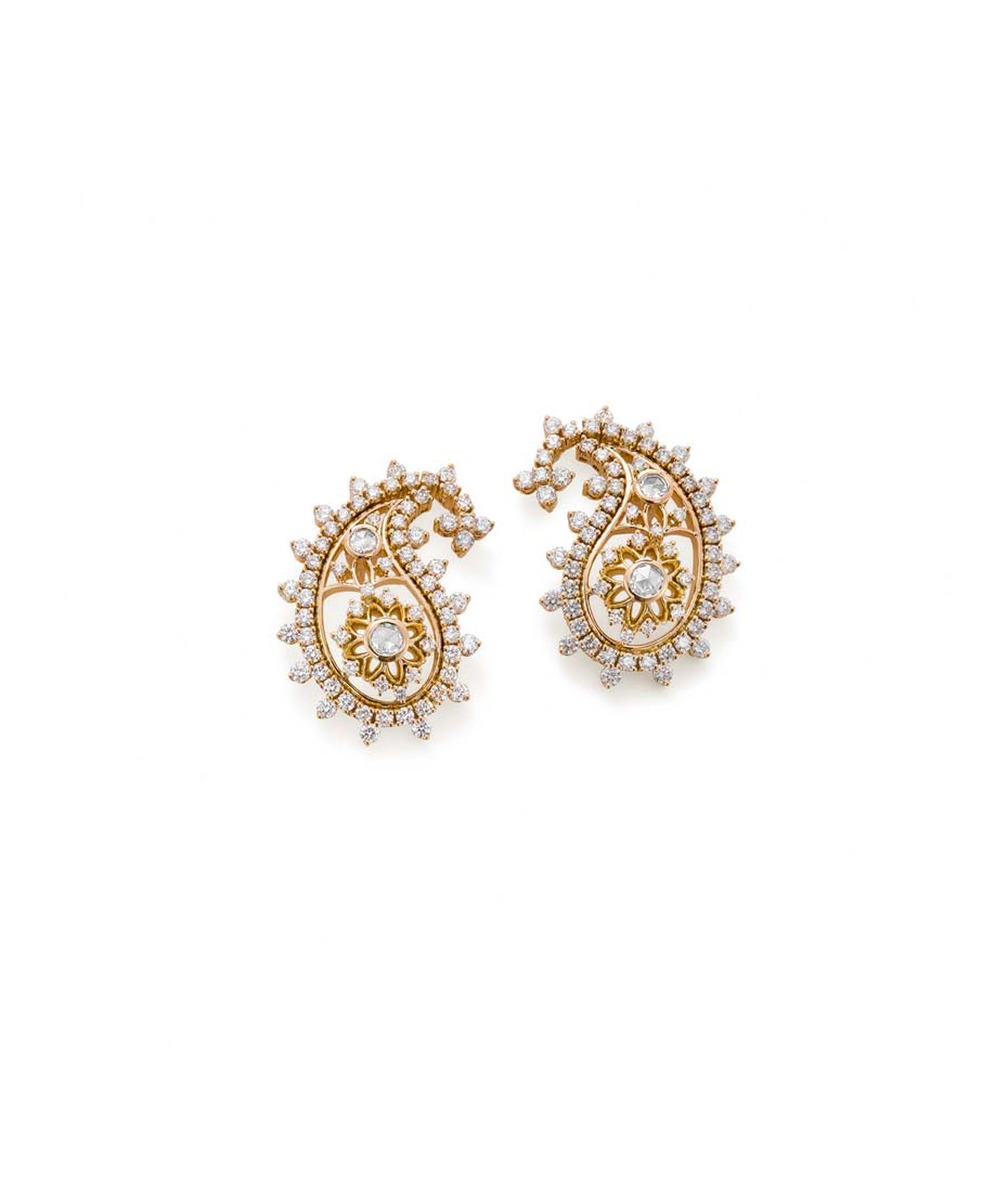 Ganjam’s Paisley collection gold earrings studded with diamonds.