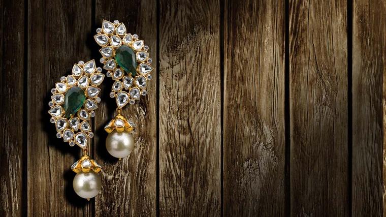Birdhichand Ghanshyamdas earrings with rose-cut diamonds, emeralds and pearl drops.