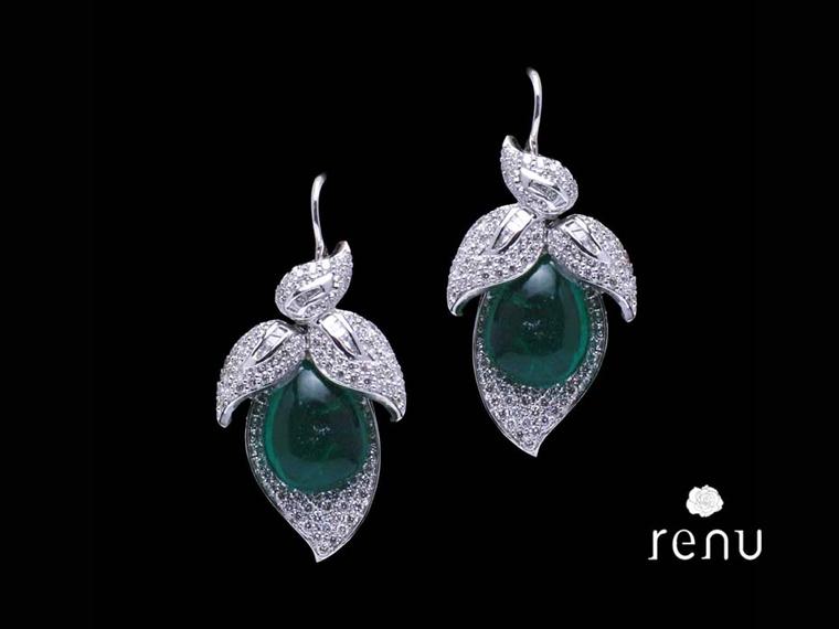 Mahesh Notandas paisley-shaped Leaf earrings studded with diamonds and cabochon emeralds.