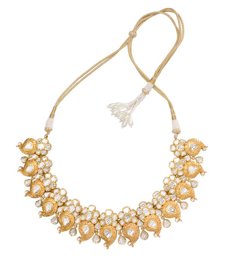 Sunita Shekhawat yellow gold Paisley necklace studded with uncut diamonds.
