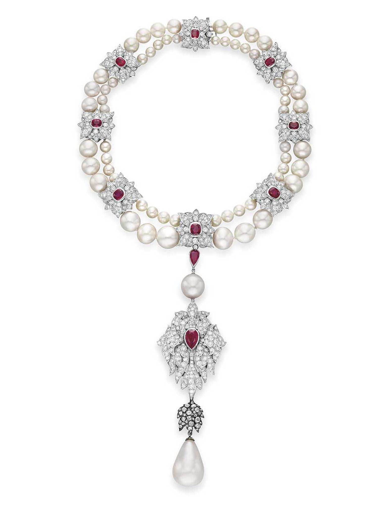 The pearl necklace with rubies and diamonds starring the 16th century pear-shaped La Peregrina pearl, redesigned by Cartier for Elizabeth Taylor. It sold at Christie's sale of Taylor's jewels in 2011 for $11,842,500.