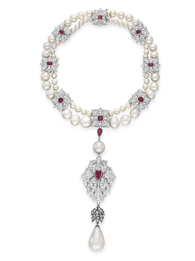 The pearl necklace with rubies and diamonds starring the 16th century pear-shaped La Peregrina pearl, redesigned by Cartier for Elizabeth Taylor. It sold at Christie's sale of Taylor's jewels in 2011 for $11,842,500.
