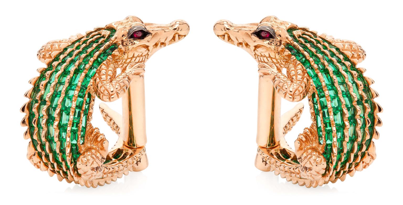 Tomasz Donocik Crocodile cufflinks in rose gold with emeralds and rubies.