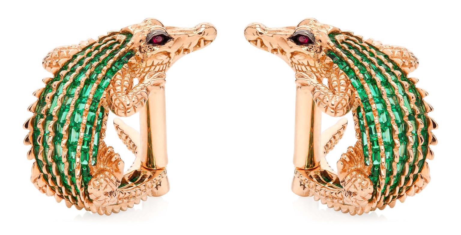 Tomasz Donocik Crocodile cufflinks in rose gold with emeralds and rubies.