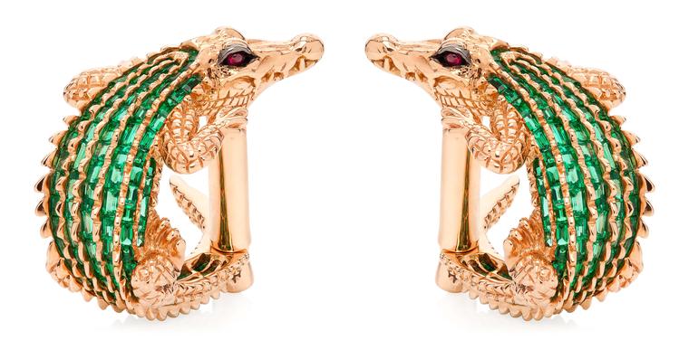 Tomasz Donocik Crocodile cufflinks in rose gold with emeralds and rubies.