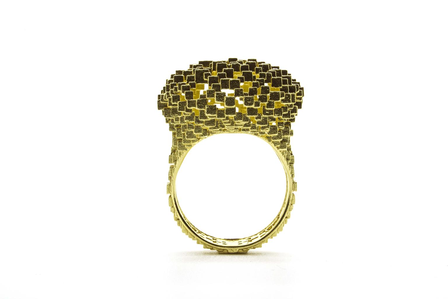 Jo Hayes Ward Cushion ring in yellow gold.