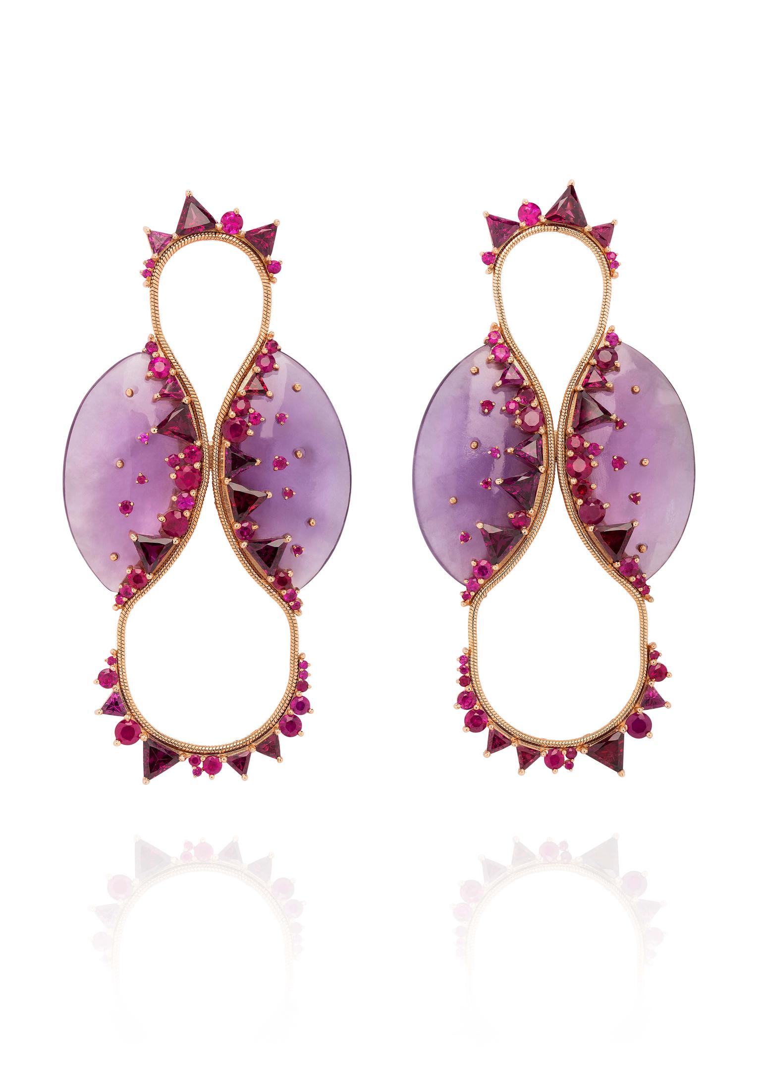 Fernando Jorge Fusion Circle earrings in rose gold with rubies, rhodolites and amethyst.