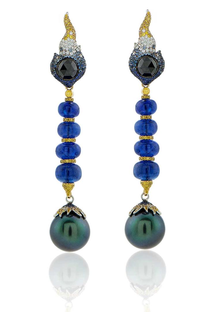Alessio Boschi Stardust convertible Tahitian pearl earrings with blue tanzanite beads, which can be detached and worn in different ways.