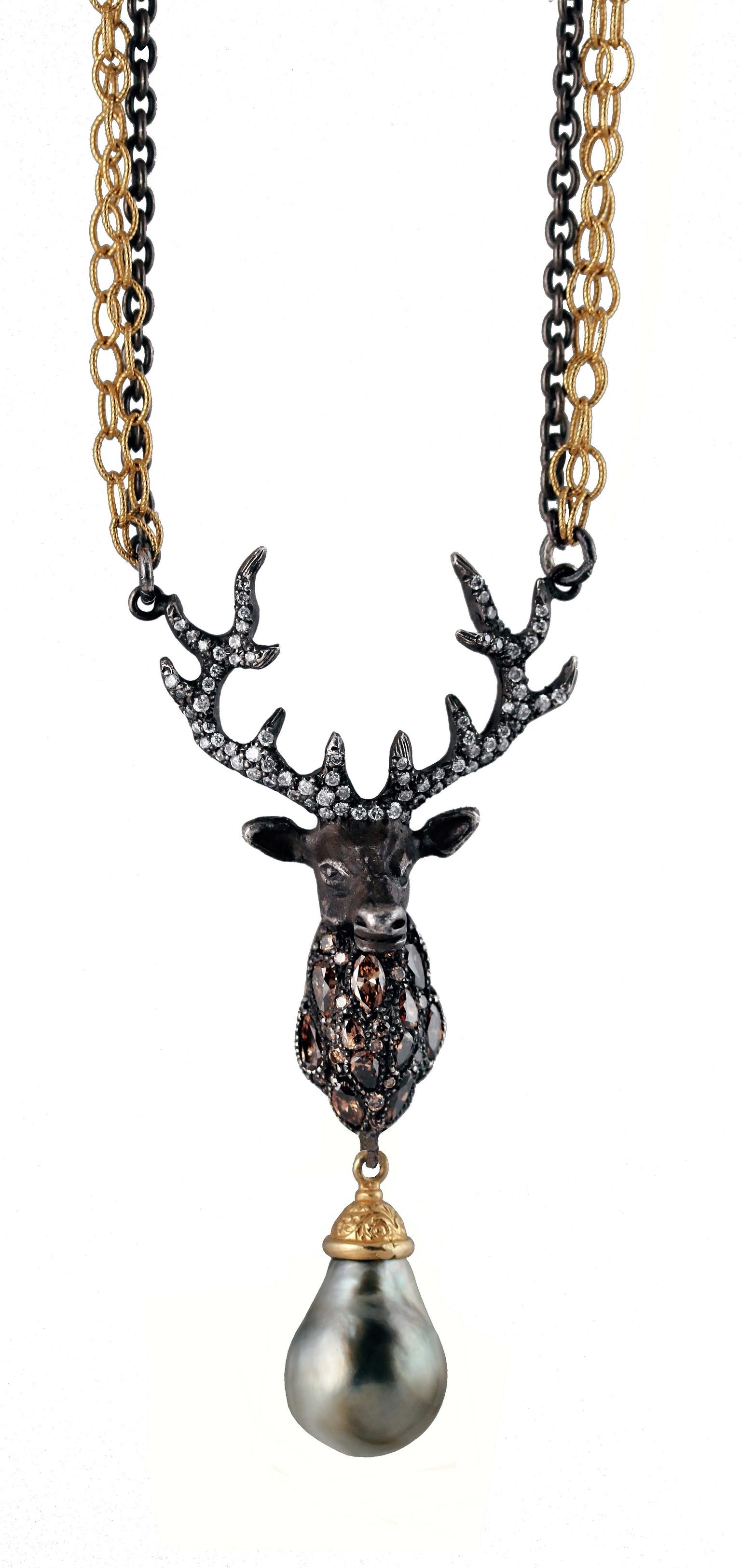 Arman Sarkisyan baroque pearl pendant with brown diamonds decorating the yellow gold deer.