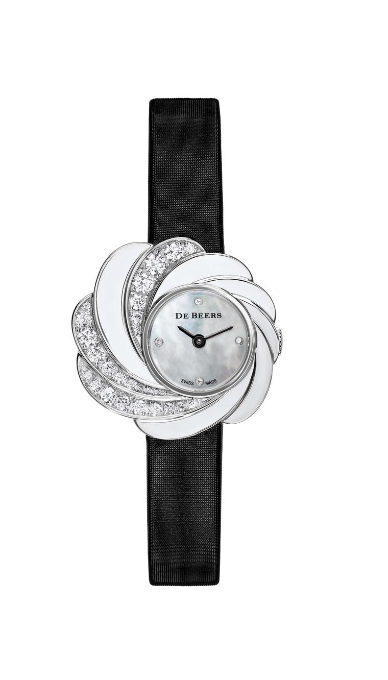 De Beers Aria diamond watch set with 0.91ct round brilliant diamonds in white gold, with a white mother-of-pearl dial and black satin strap (£15,800).