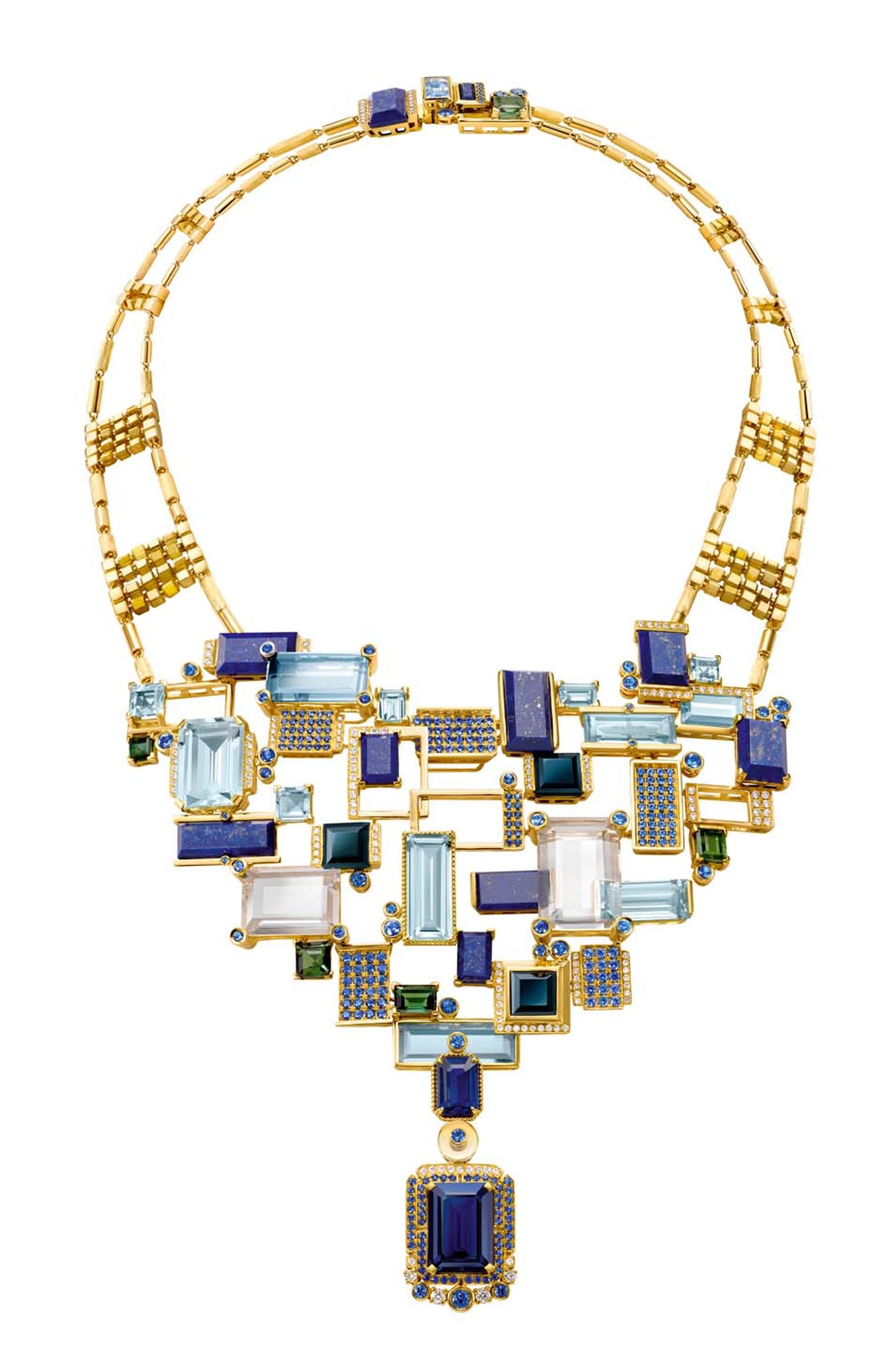 Chow Tai Fook's Reflections of Siem Halcyon necklace, with emerald-cut aquamarines, lapis lazuli, tourmalines and blue sapphires mounted to resemble the floating villages on Lake Tonlé Sap, forms part of the Chinese jeweller's fourth annual collection of 