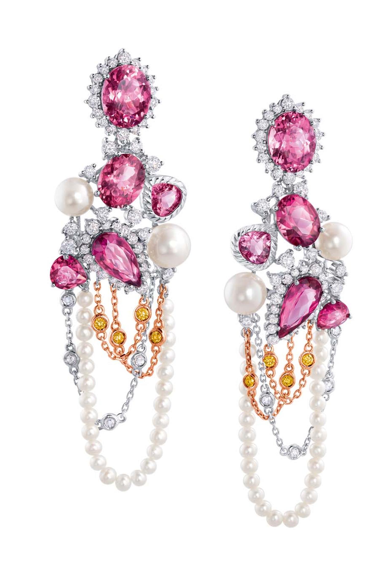 Chow Tai Fook Reflections of Siem Zephyr earrings with pink diamonds, pearls and purple and red tourmalines.