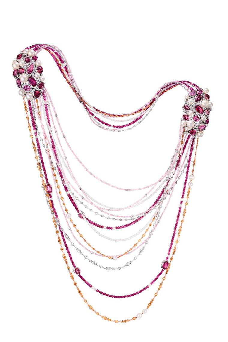 Chow Tai Fook Reflections of Siem Zephyr necklace, inspired by the Cambodian sunset, with pink diamonds, pearls and purple and red tourmalines.