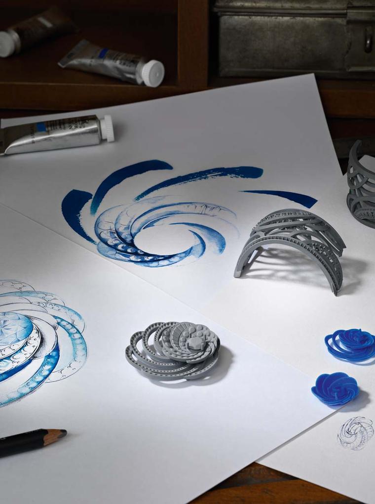 De Beers' new Aria collection of diamond jewellery dances with light thanks to the swirling patterns of mirror-polished white gold and diamonds.
