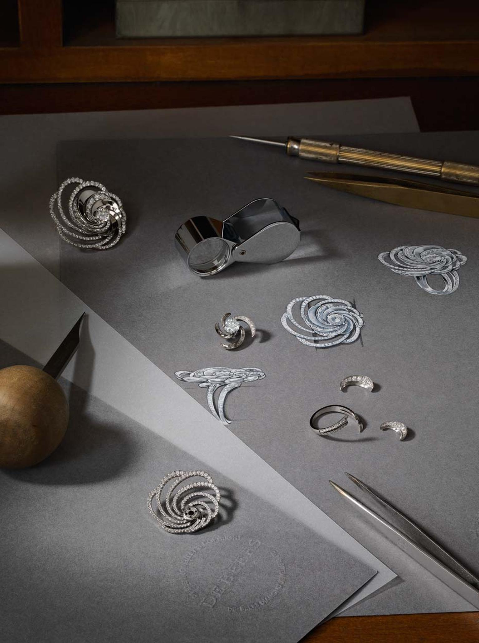 The initial sketches of De Beers' new Aria diamond jewellery collection take shape.