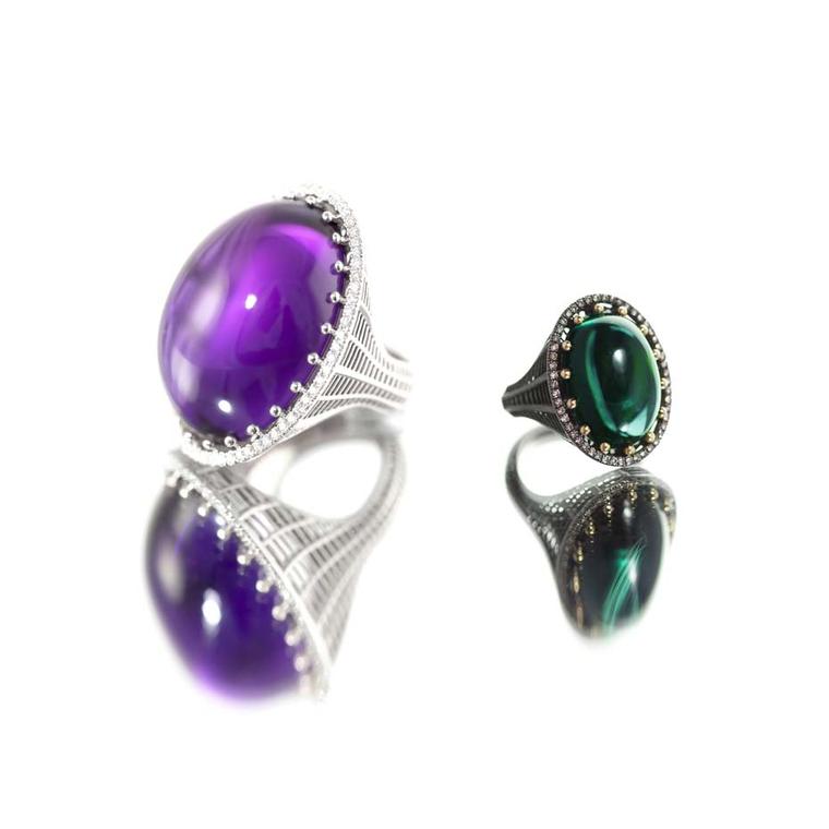 Roule & Co Cab cocktail rings in white gold with amethyst and white diamonds (left) or blackened yellow gold with green tourmaline and champagne diamonds (right).