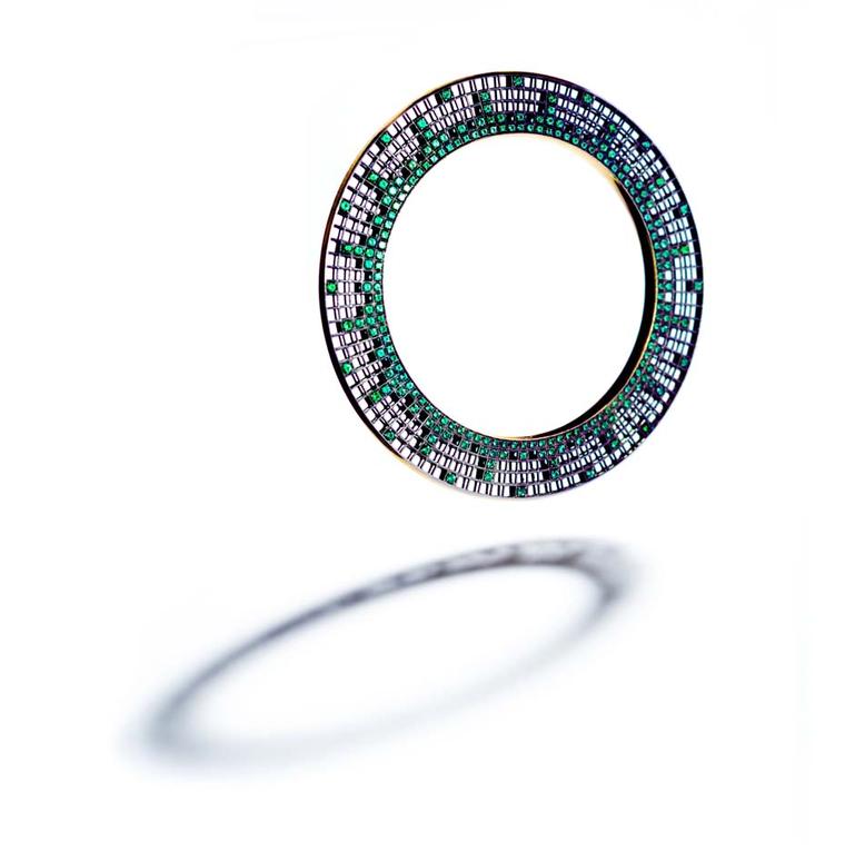 Roule & Co Halo bangle with emeralds in blackened gold.