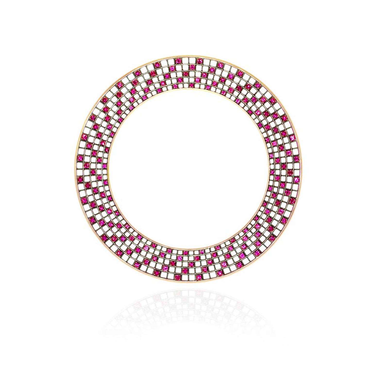 Roule & Co Spiral Halo bangle with rubies in blackened gold.