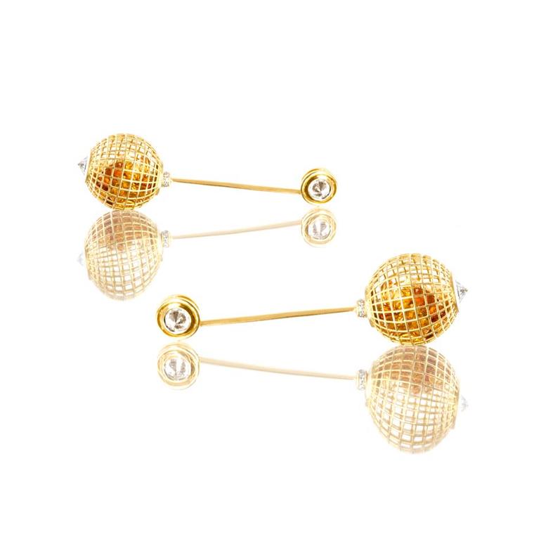 Roule & Co Shaker Bar Globe earrings in yellow gold, with citrines, white sapphires and white diamonds.