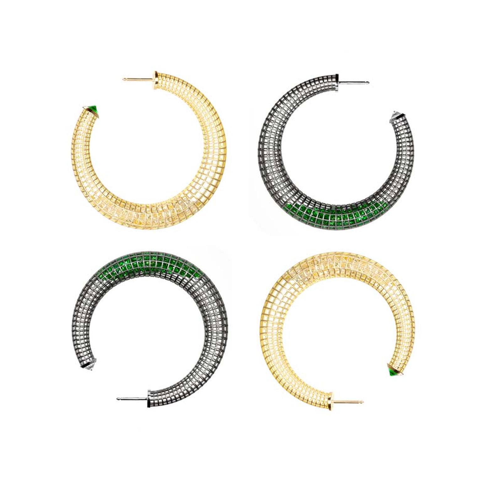 Roule & Co Shaker Crescent hoop earrings with either yellow gold, yellow sapphires and tsavorites or blackened white gold, tsavorites and white sapphires.