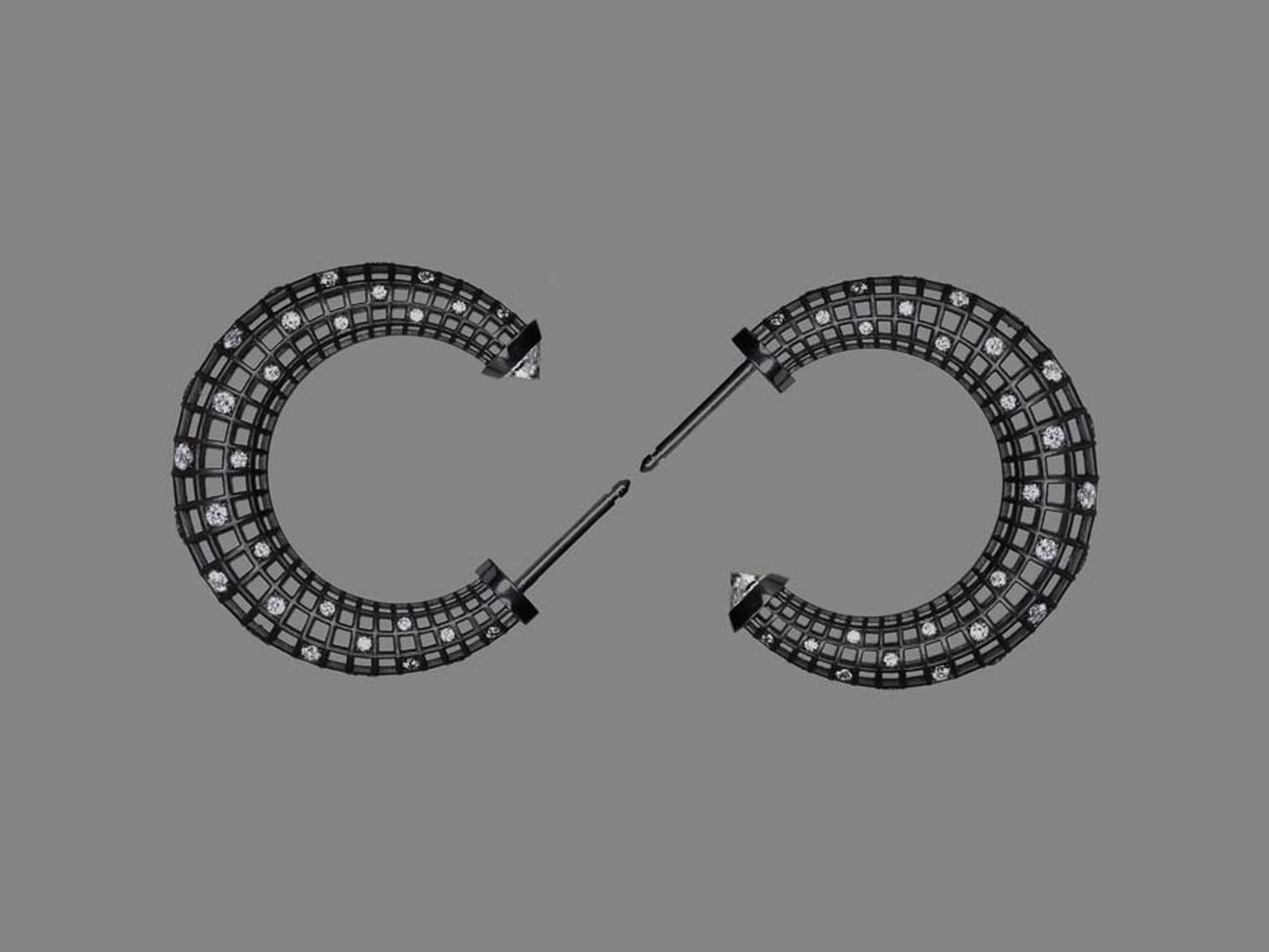Roule & Co Star Dust Crescent hoop earrings in blackened gold with white diamonds and white sapphires.