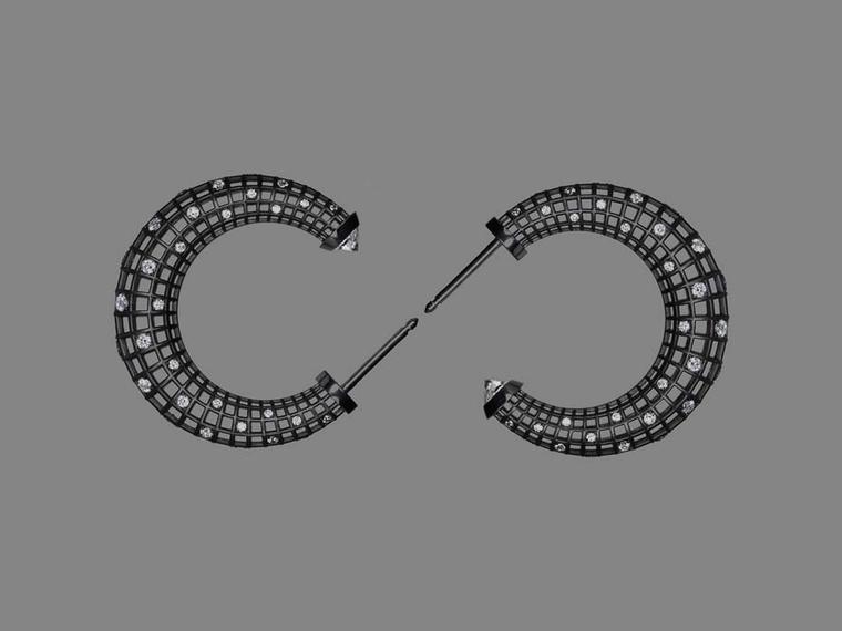 Roule & Co Star Dust Crescent hoop earrings in blackened gold with white diamonds and white sapphires.