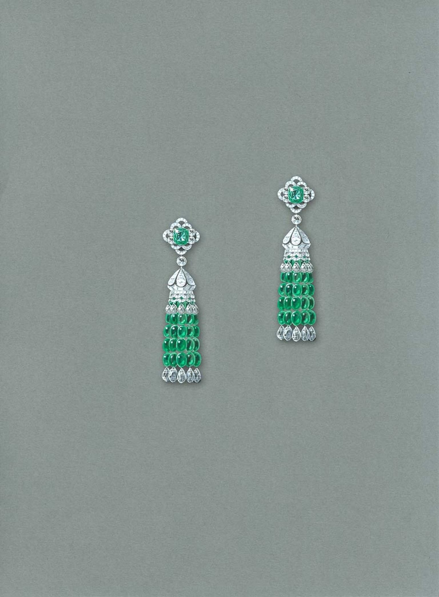 Graff jewellery tassel earrings with emeralds and diamonds.