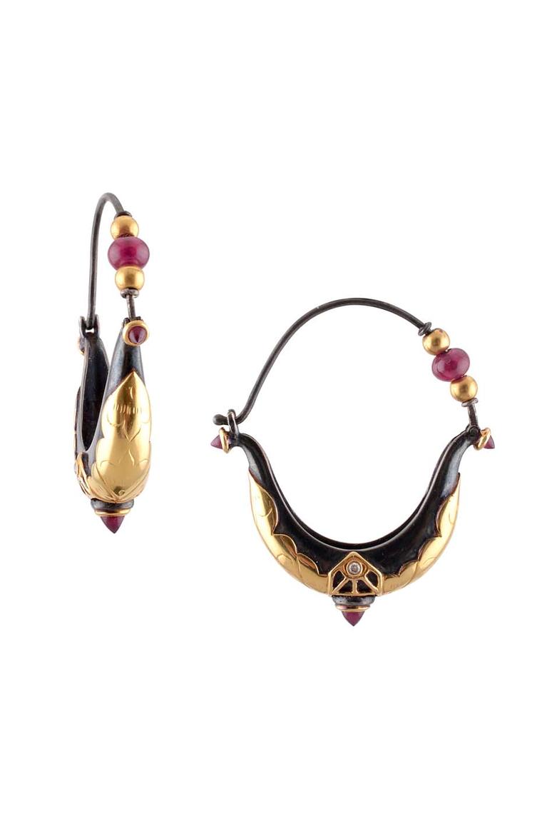 Amrapali Dark Maharaja Dark Palace hoop earrings in silver and gold with rubies and diamonds.