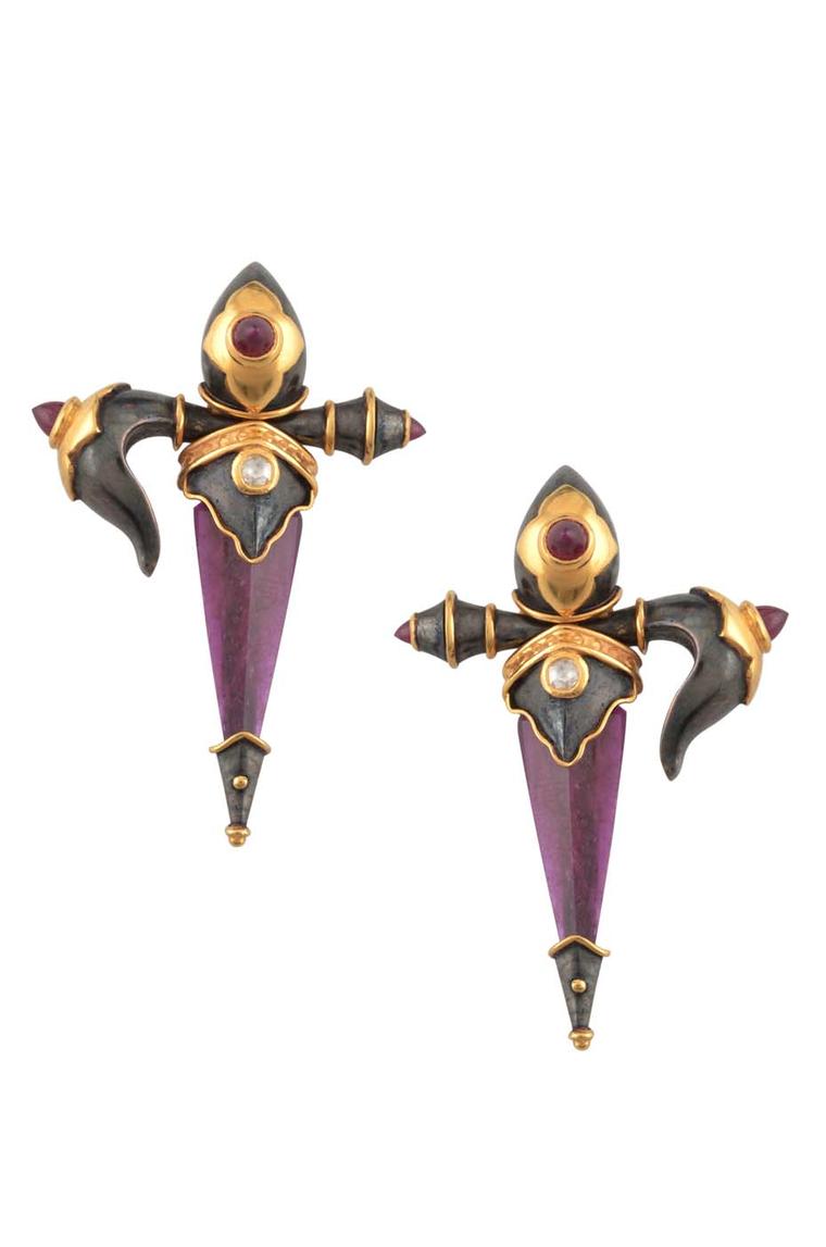Amrapali Dark Maharaja Dagger earrings in silver and gold with rubies and diamonds.
