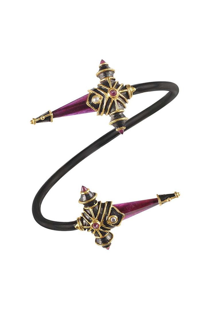 Amrapali Dark Maharaja Sword Bypass bangle in silver and gold with rubies and diamonds.