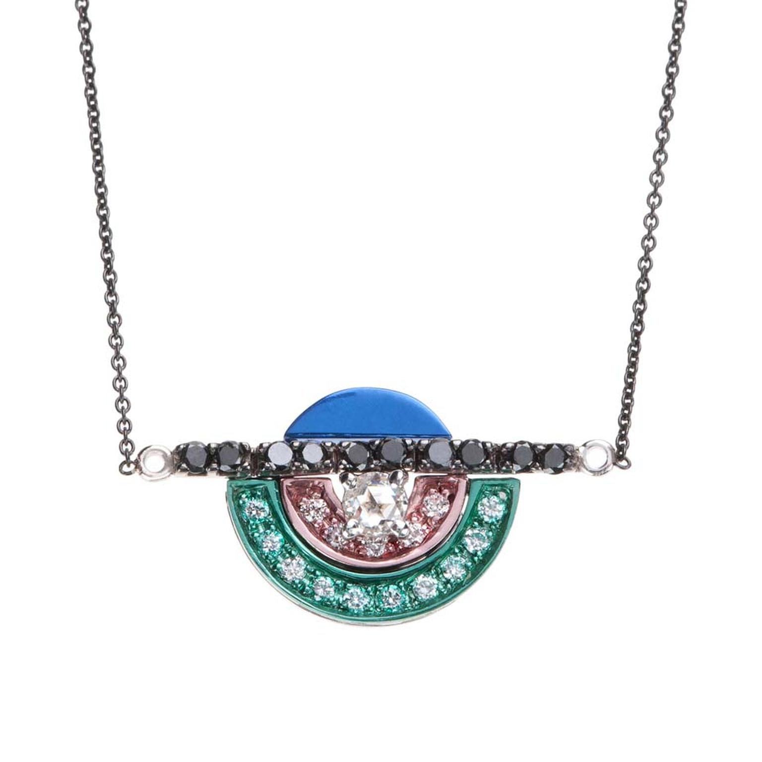 Nikos Koulis necklace, from the new Acrobat collection, in black rhodium, with white and black diamonds and white gold hand-painted in blue, pink and green.