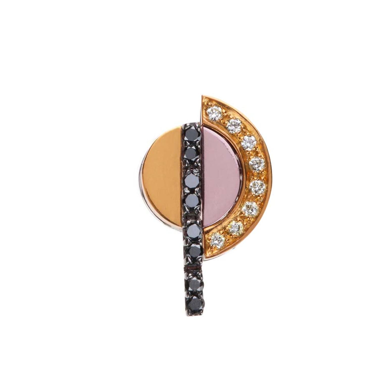 Nikos Koulis earring, from the Acrobat collection, in black rhodium, with white and black diamonds and white gold hand-painted in yellow and pink.