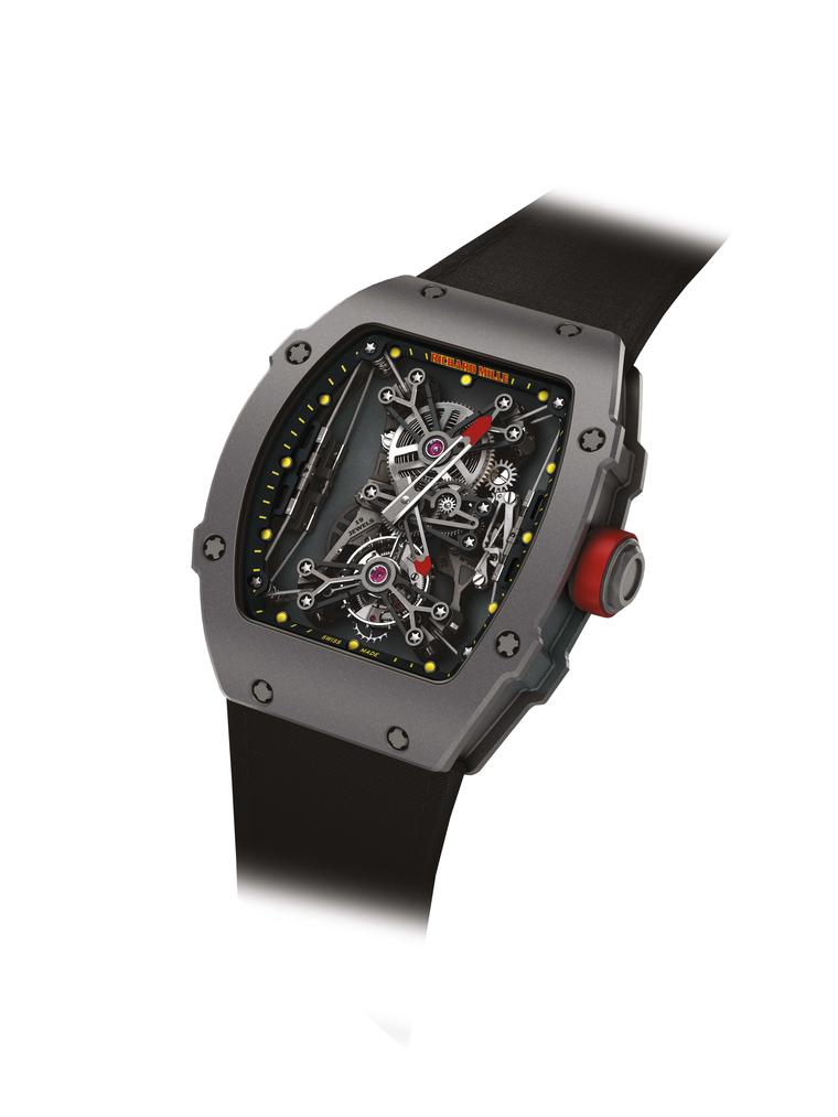 The Richard Mille RM 27-01 Tourbillon Rafael Nadal watch, launched in 2013, is the tennis star's watch of choice on court. Limited to 50 pieces, it is made from an extremely strong anthracite polymer injected with carbon nanotubes, which offers the ultima