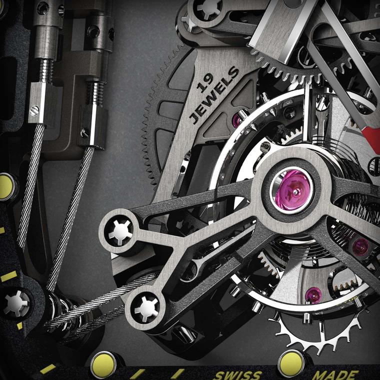 The movement of the Richard Mille RM 27-01 Tourbillon Rafael Nadal watch is made of titanium and LITAL®, a lithium alloy used in aerospace engineering and Formula 1 that provides more flexibility and greater shock resistance.
