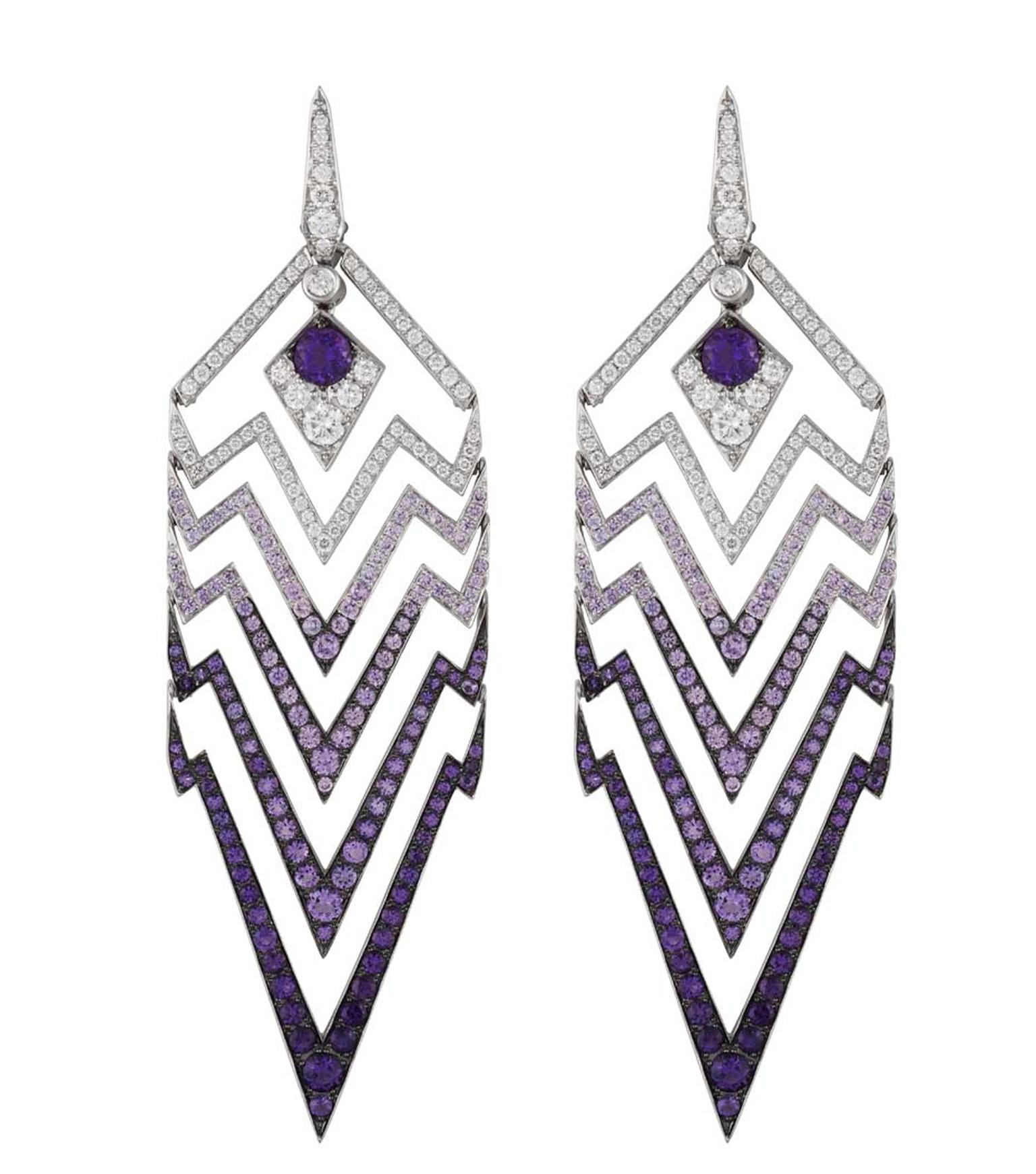 Stephen Webster Lady Stardust white gold earrings with white diamonds and amethysts.