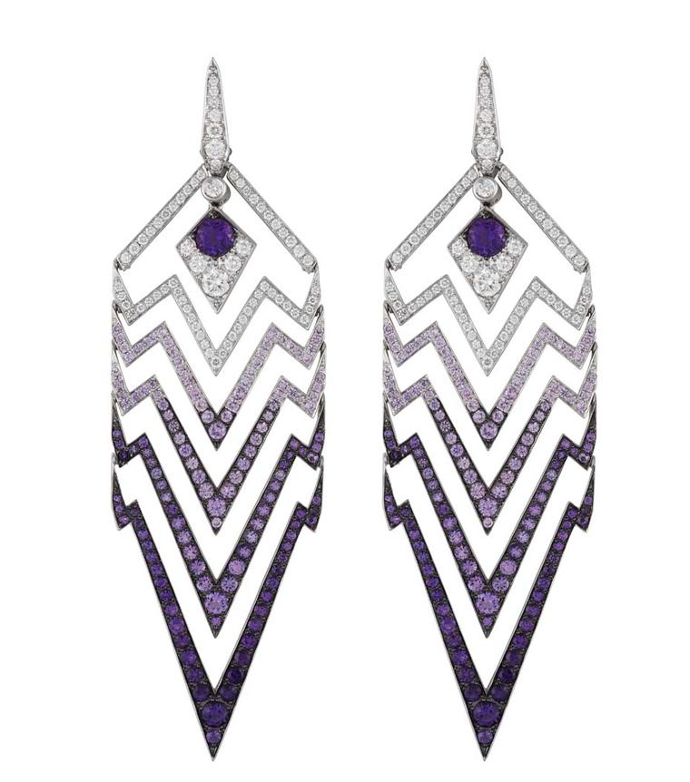 Stephen Webster Lady Stardust white gold earrings with white diamonds and amethysts.