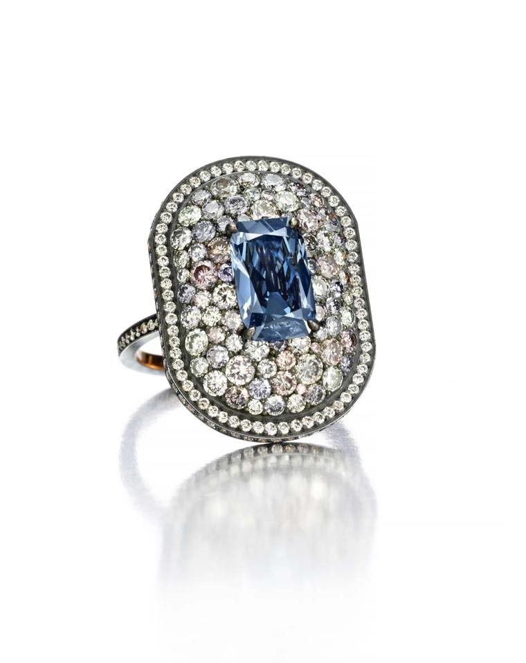Another jewel from the recent collaboration with Siegelson and Lauren Adriana that is set to be revealed at Masterpiece London includes a rare type IIb deep blue diamond (the same certified colour as the Hope diamond) and is surrounded by coloured pave di