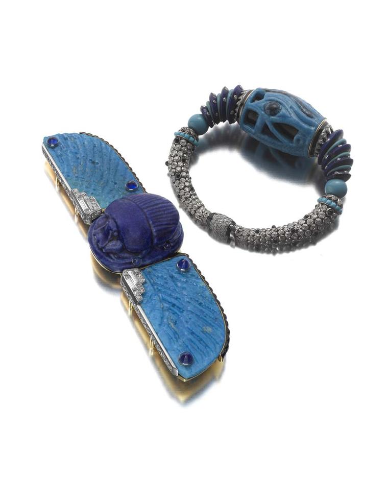 Cartier's Cole Porter Egyptian suite, which Siegelson will be exhibiting at Masterpiece London, features a 1926 Scarab belt buckle brooch and a 1928 Eye of Horus bracelet with diamonds and cabochon sapphires.