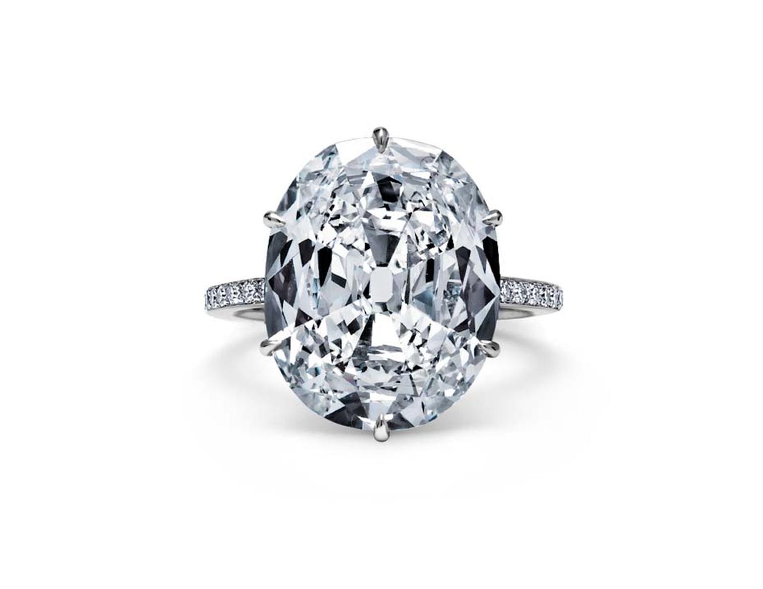 Steven Fox oval 8.70ct cushion-cut diamond ring with a handmade platinum diamond band.