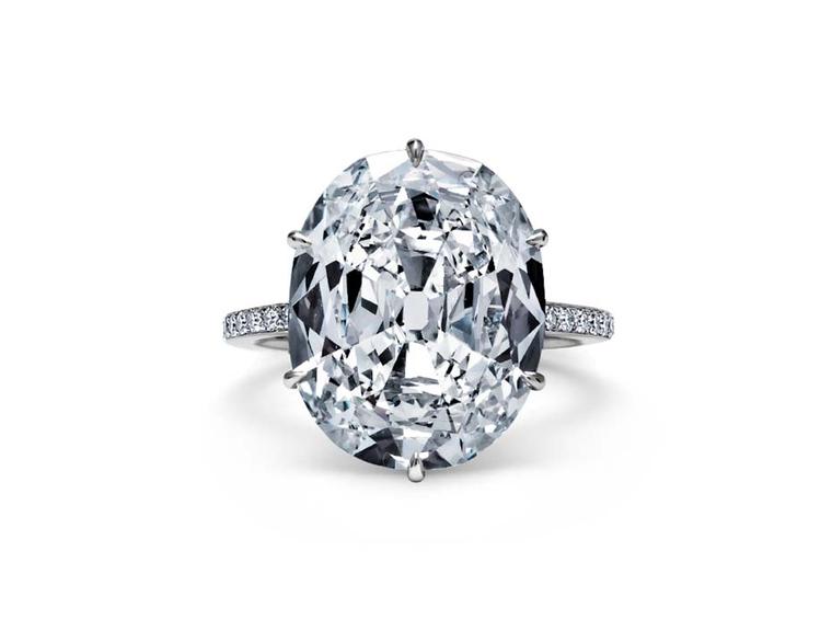 Steven Fox oval 8.70ct cushion-cut diamond ring with a handmade platinum diamond band.