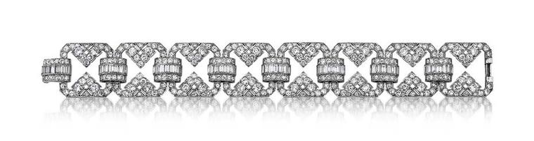 1930s platinum and diamond bracelet designed by Udall & Ballou with 23.25ct European-cut and baguette-cut diamonds, for sale at Steven Fox's Greenwich boutique.