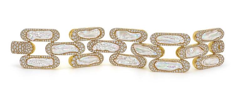 Steven Fox handmade gold bracelet with 14 baroque freshwater pearls individually ringed with 16.09ct diamonds.