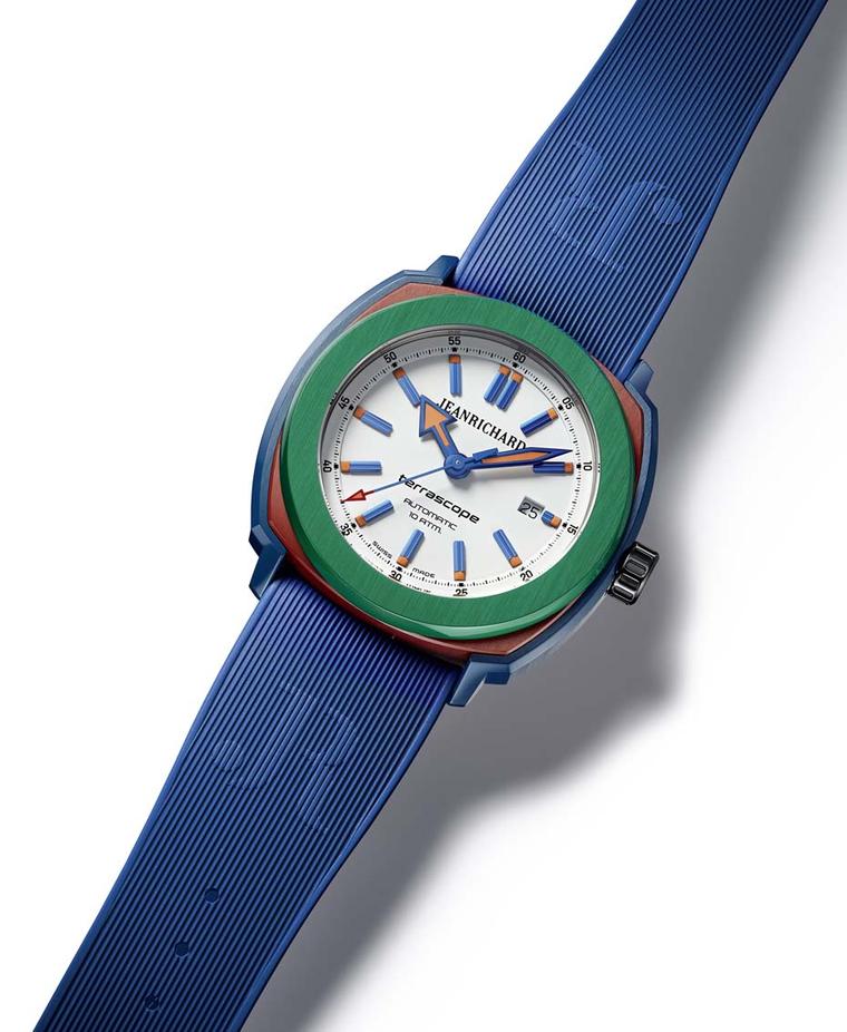 JeanRichard Terrascope watch with a green bezel and blue strap is a colourful take on the collection which remains true to the originals design's tonneau case, large round bezel, alternating polished and satin-brushed finishings, and various coatings.