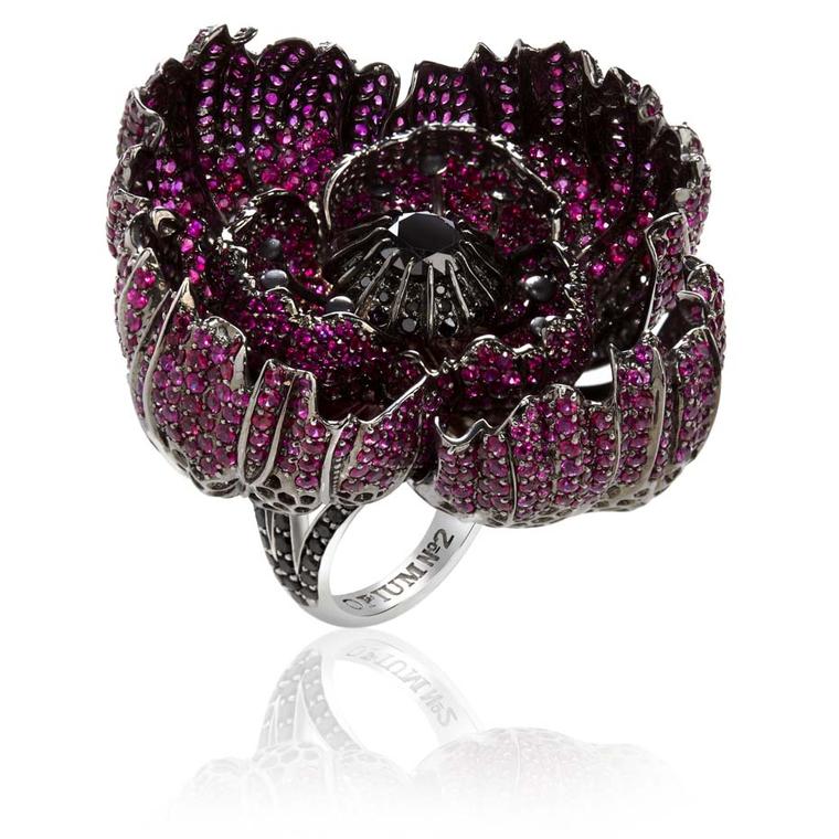 Sybarite Poppy ring with blackened gold, rubies and black diamonds.