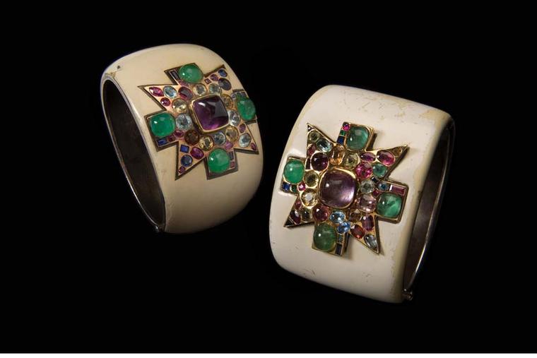 Coco’s Cuffs: white enamel, silver alloy, gold, emeralds and other cabochon gems.