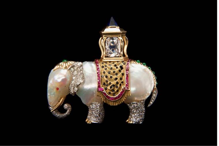 Originally purchased by Joan Fontaine and worn in Alfred Hitchcock’s film Suspicion, this Verdura baroque pearl, gemstone, diamond, platinum and gold Elephant brooch dates from 1957.