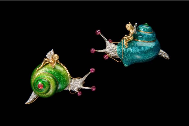 Verdura Snail and Cherub brooches with enamelwork, diamonds, rubies and emeralds, dating from 1968.