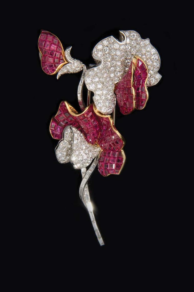 Verdura platinum Sweet Pea brooch set with rubies and diamonds, circa 1950.