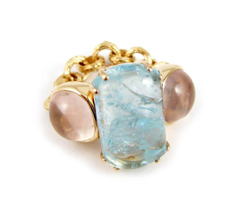 K. Brunini Chains of Love Twig ring in yellow gold with a central 12.08ct aquamarine and two rose quartz ($8,880).